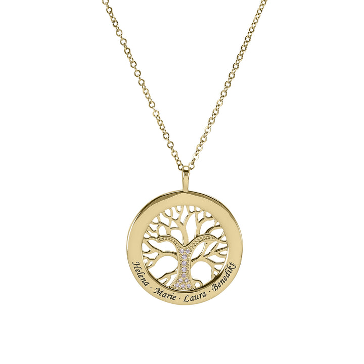 Levensboom ketting met gegraveerde namen en witte stenen