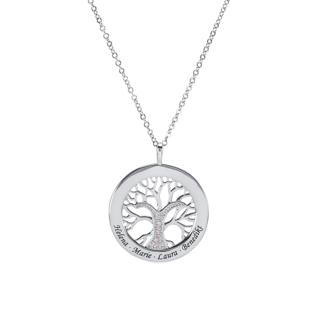 Levensboom ketting met gegraveerde namen en witte stenen